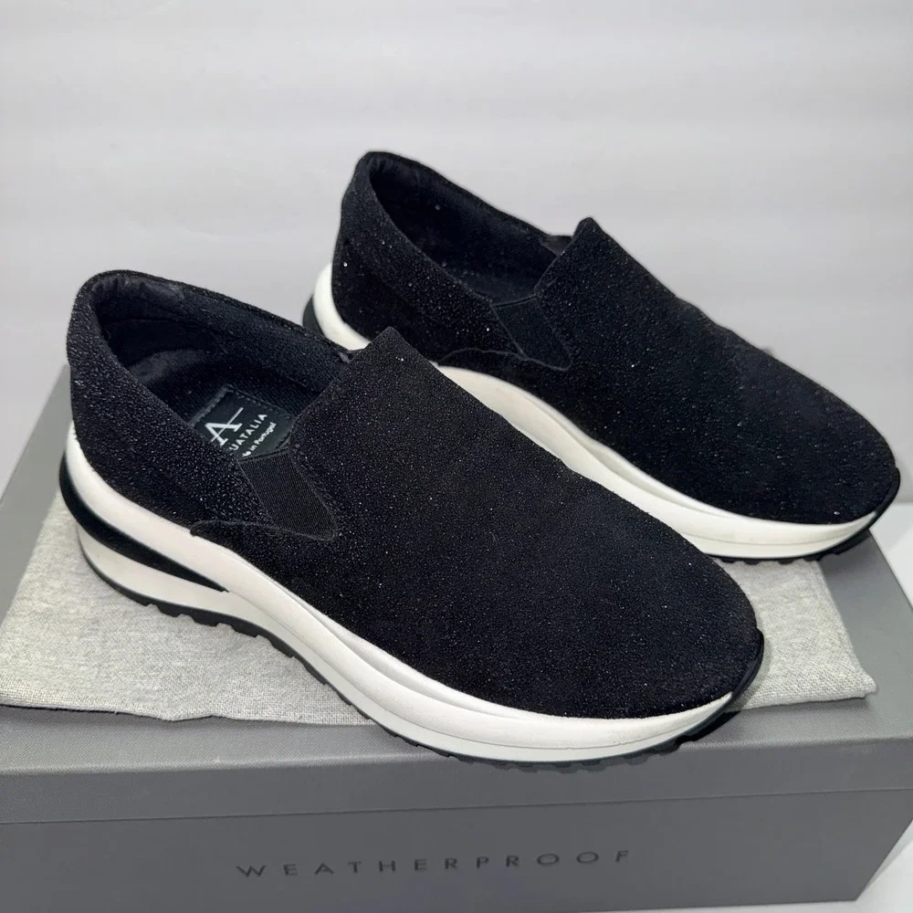Aquatalia Leola Metallic‎ Suede Platform Slip On Sneakers Black L5019-BLK 5.5M
